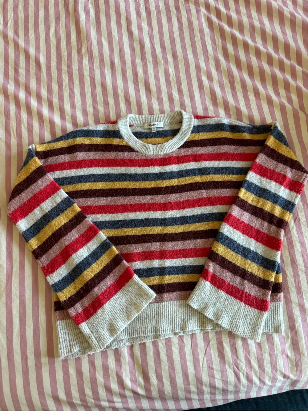 Madewell Wool Blend Crewneck Sweater w/ Red, Navy, Mustard & Brown Stripes